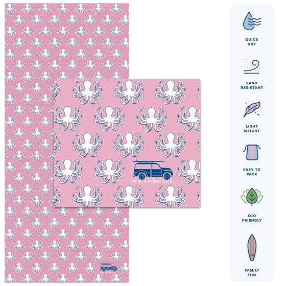 Surf and Racquet Octopus Pink & Navy 35x78 Quick Dry Beach Towel, Size: 78 x 35